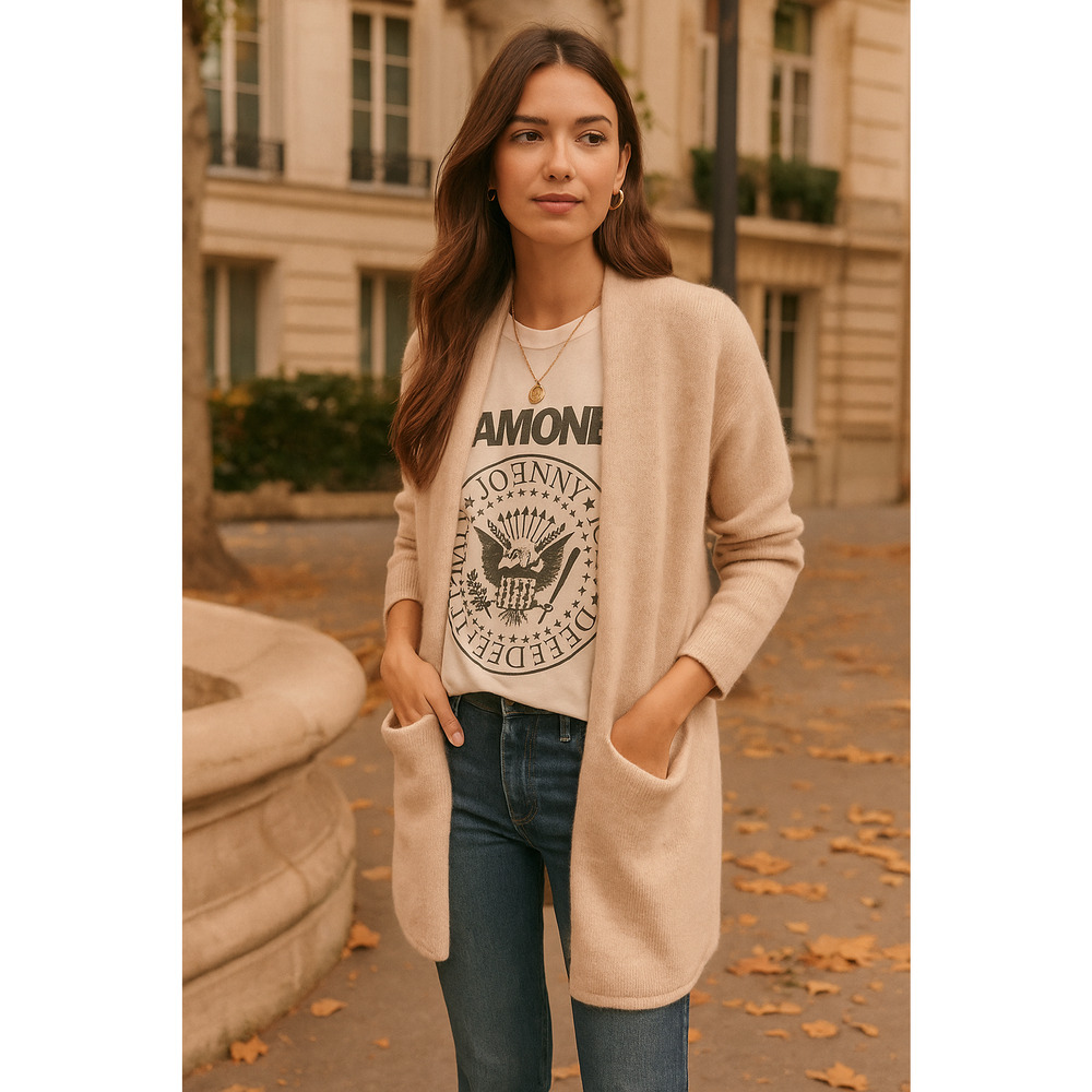 Jenni Kayne Beige Open Front Crewneck Sweater Cardigan